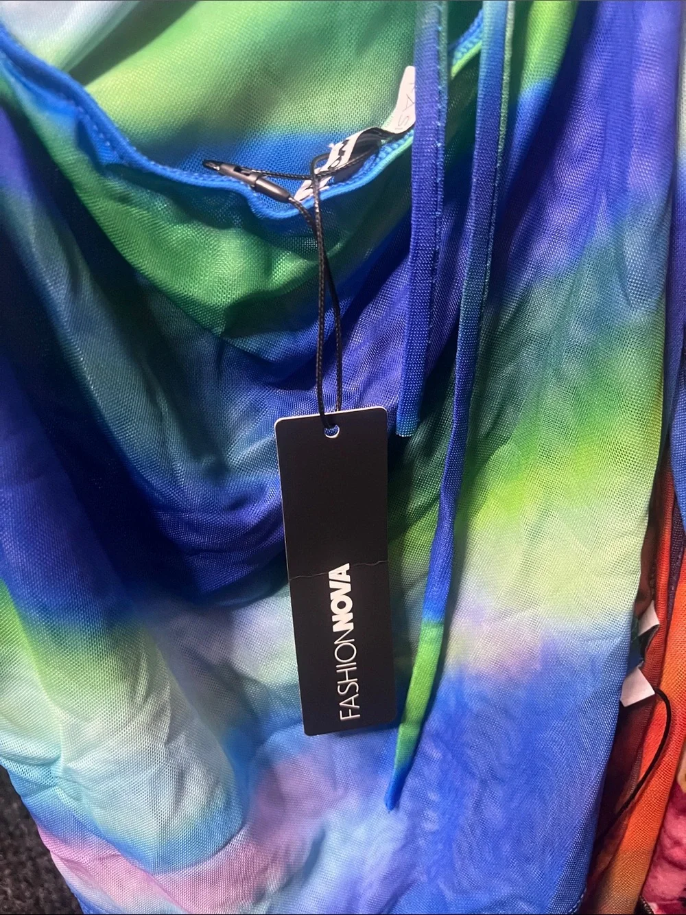 Fashion Nova Cowl Neck Blue Green Tie-Dye Mini Dress